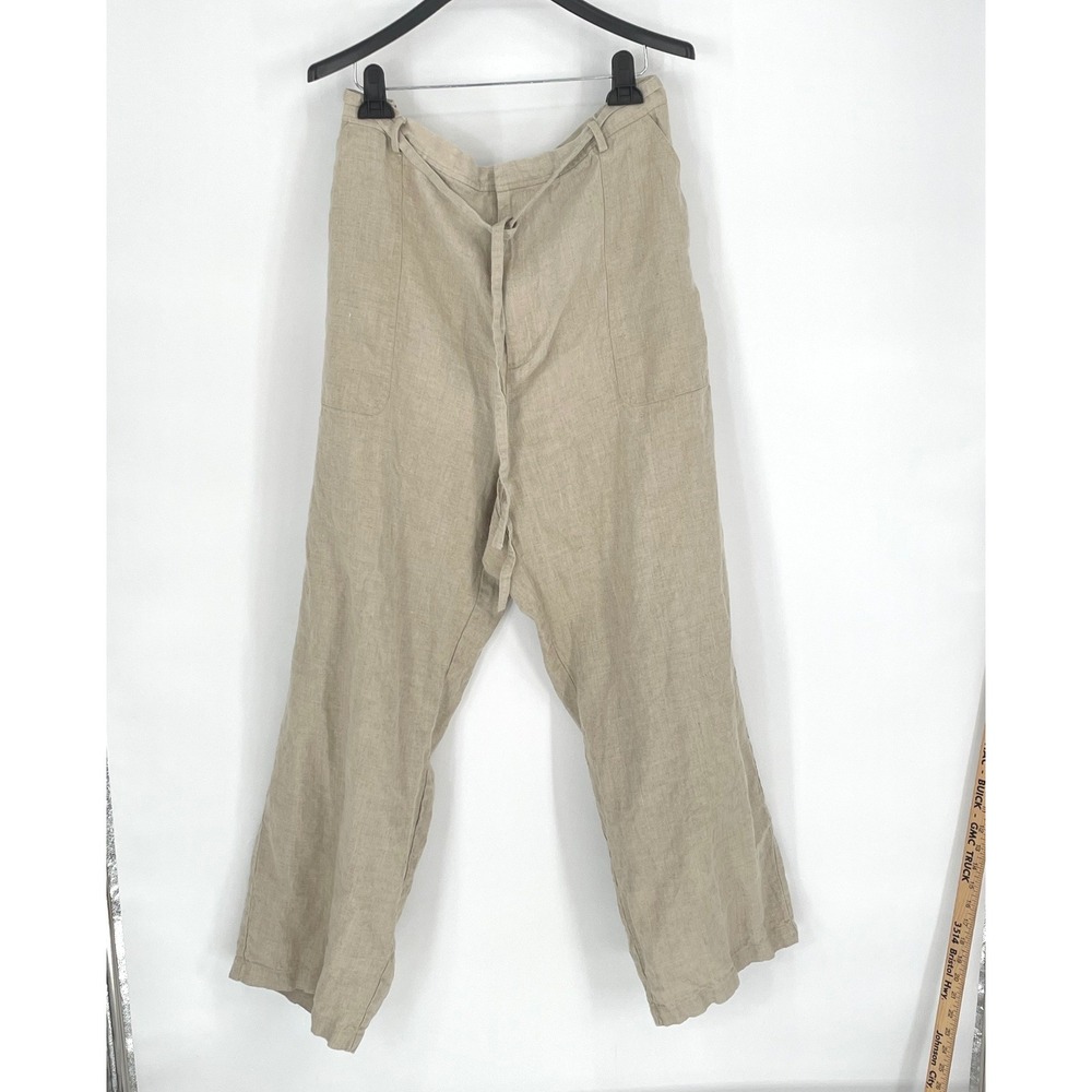 Studio Works Women Pants 24W Wide Leg Beige 100% Linen Tie Waist Casual